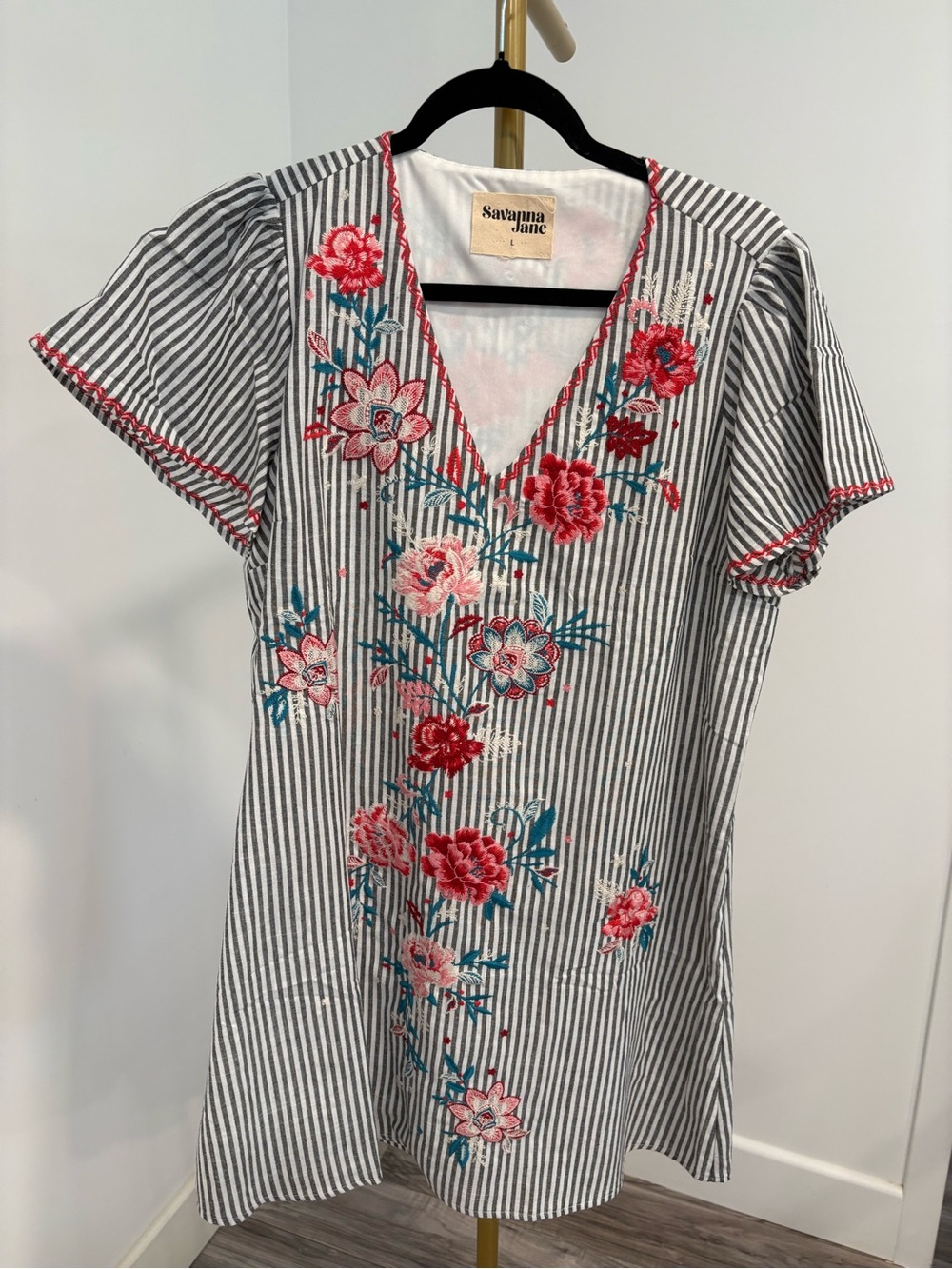 Savanna Jane Black & White Striped Tunic with Red Floral Embroidery